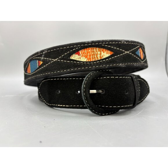 Black Suede Southwest Pattern Belt With Colorful Embroidered Inlay Aztec 43" - Picture 4 of 6